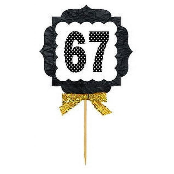 67th Birthday / Anniversary Gold Ribbon Hand Crafted Novelty Cupcake Decoration Toppers / Picks -12ct
