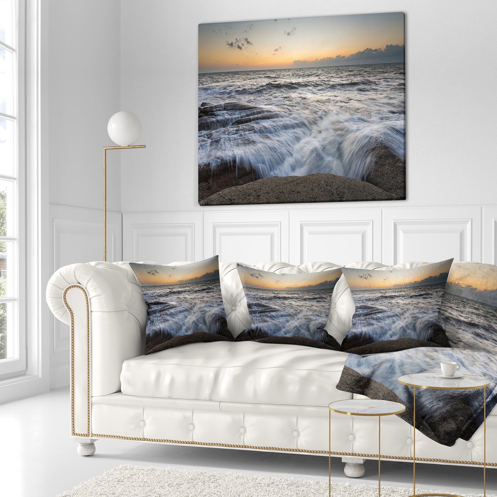 Designart Troubled Sunset Sea Waves - Beach Photo Throw Pillow - 16x16