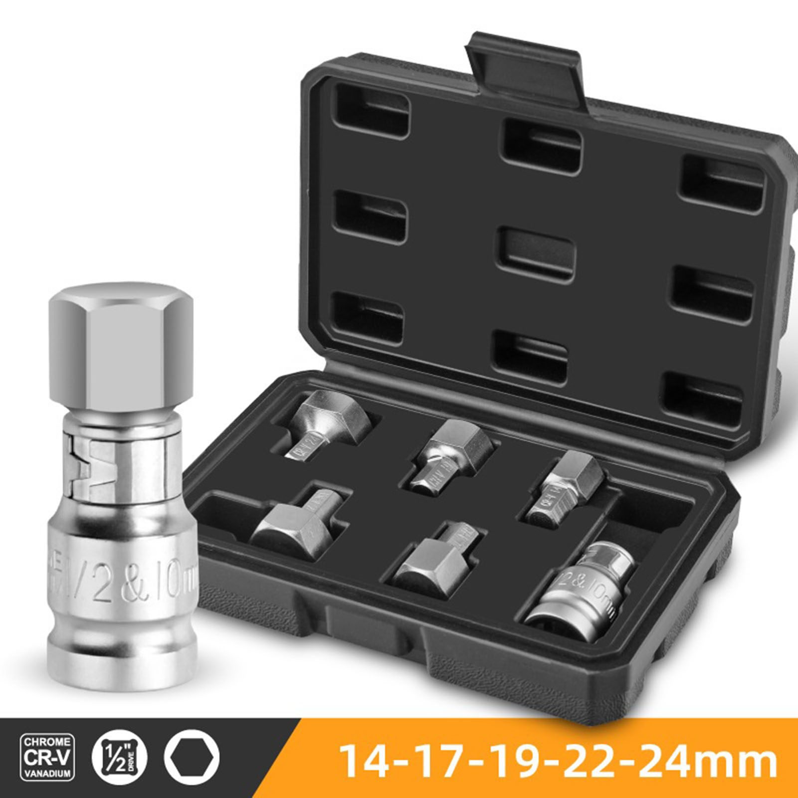 6-Piece Hex Bit Socket Set 14/17/19/22/24mm 1/2-inchx10mm for Electric Wrench Chromium- Vanadium Alloy Steel Repair