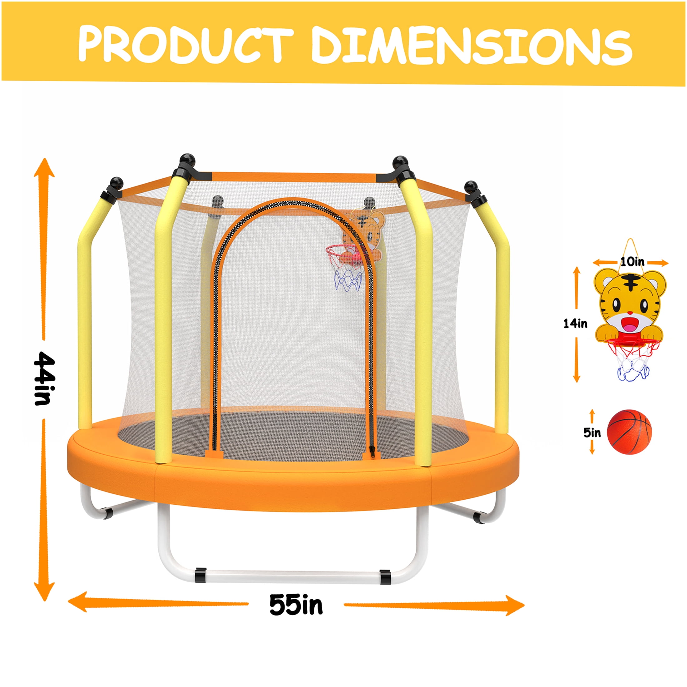 JERFIT 55" Kids Trampoline with Basketball Hoop, ASTM Certified Indoor/Outdoor Junior Jumper for Toddlers, Yellow