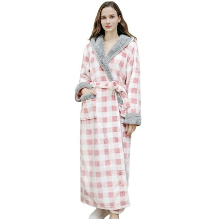 

Magazine Women s Plaid Robe with Hood Winter Warm Full Length Plush Fleece Bathrobe Shower Pajamas