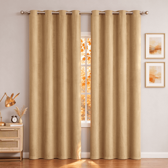 AZZCIA Light Gold Faux Suede Room Darkening Grommet Curtain Panels, 2 Panels, 55"W x 84"L