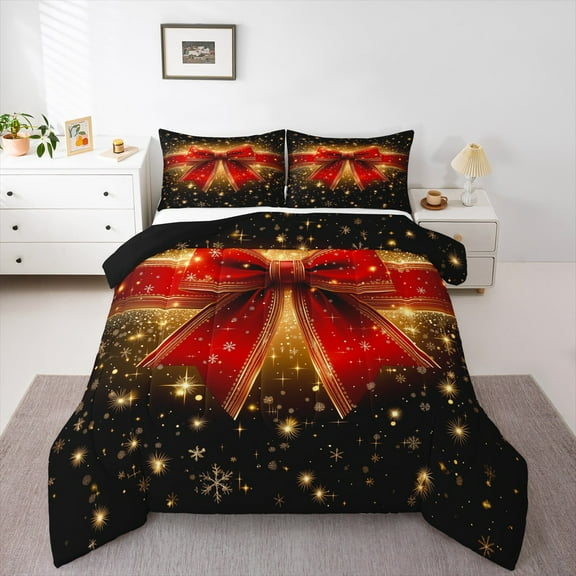 Castle Fairy Red Bowknot 2pcs Bedding Comforter Set for Teens,Sparkling Sequin Twin Comforter Sets,Merry Christmas Breathable Bedding Set,Microfiber Bedroom Decor