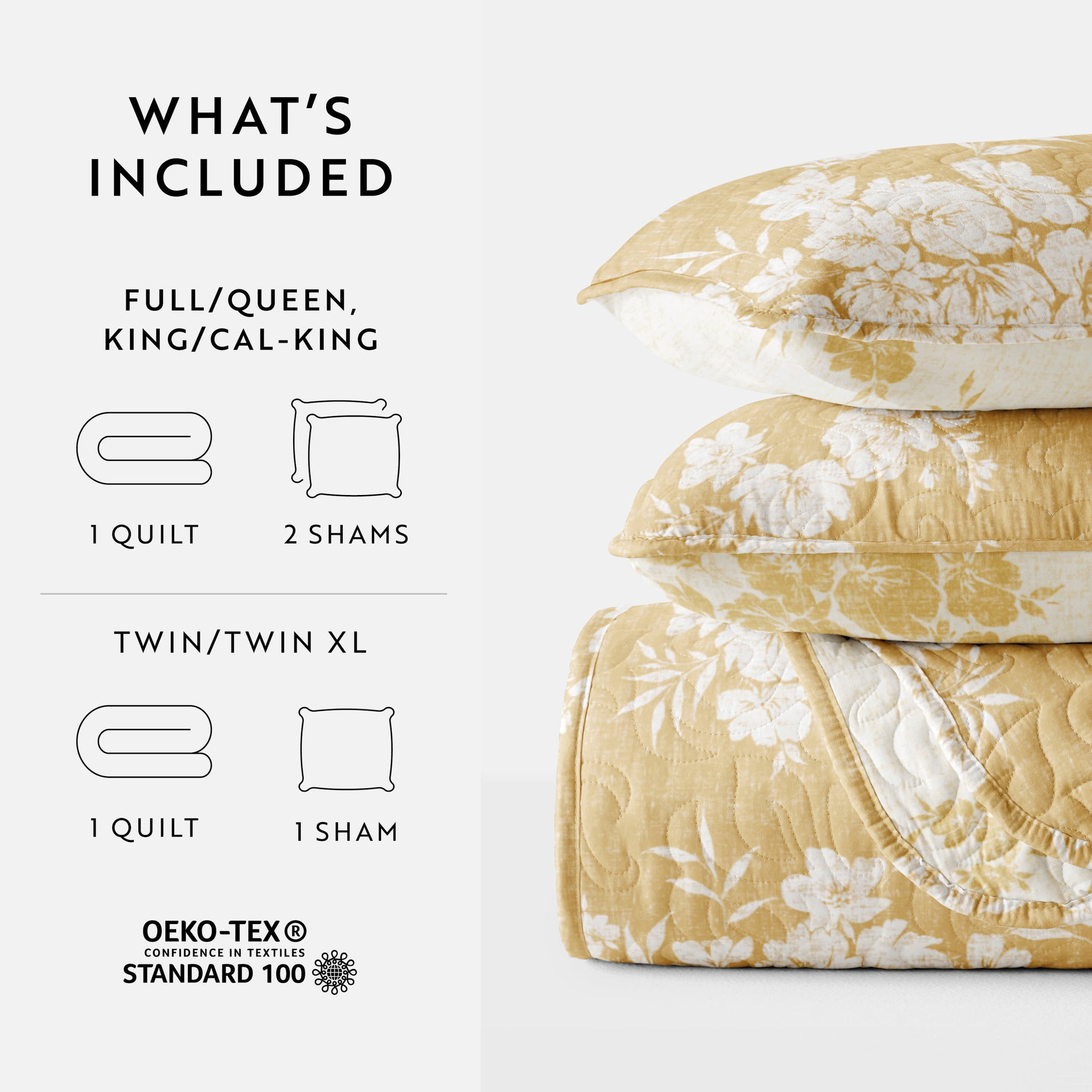Noble Linens 3-Piece Mustard Distressed Bouquet Reversible Quilt Set, Queen