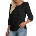 thumbnail image 1 of Craaazy Women's Relaxed Fit Crew Neck Blouse, Solid Color 3/4 Sleeve Lace Eyelet Top, Loose Comfy Floral Lace Casual Tee for Spring & Summer Gifts, 1 of 6