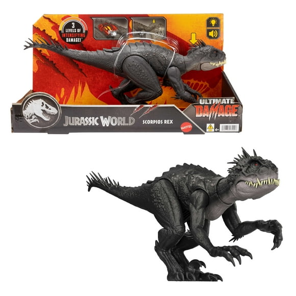 Jurassic World Ultimate Damage Scorpios Rex Dinosaur Toy Figure with Damage, Light & Sound Toy, Ages 4Y+