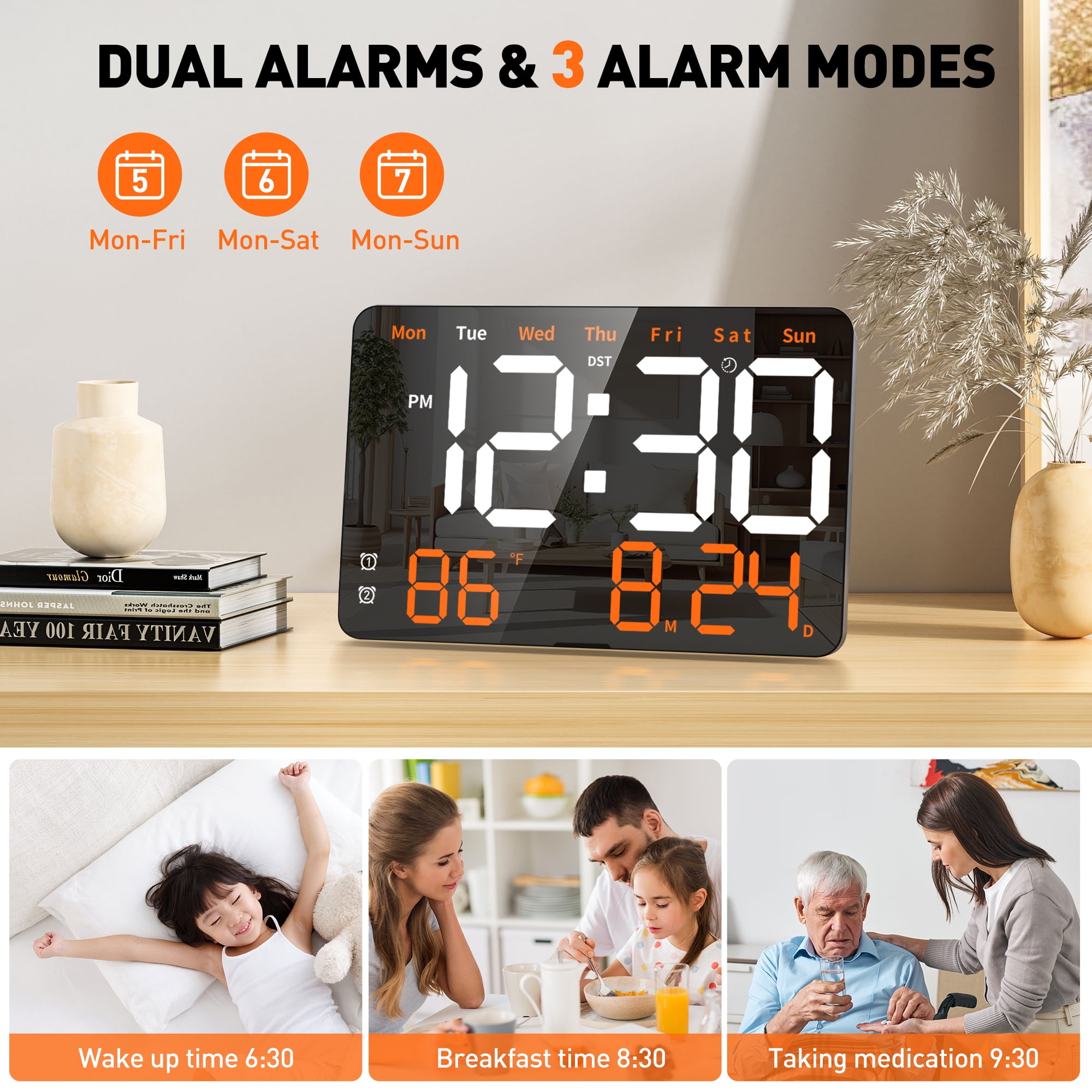Digital Clock,11.5" Large LED Display Digital Wall Clock, Brightness Adjustable,with Day and Date,Indoor Temperature, Snooze,12/24 H,for Home,Office,Living Room