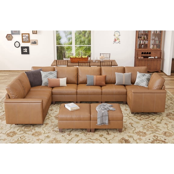 SITJOY 145" Faux Leather Modular Sectional Couches with Storage, Convertible 10 Seat U-Shaped Sectional Sofa with Ottoman for Living Room, Brown