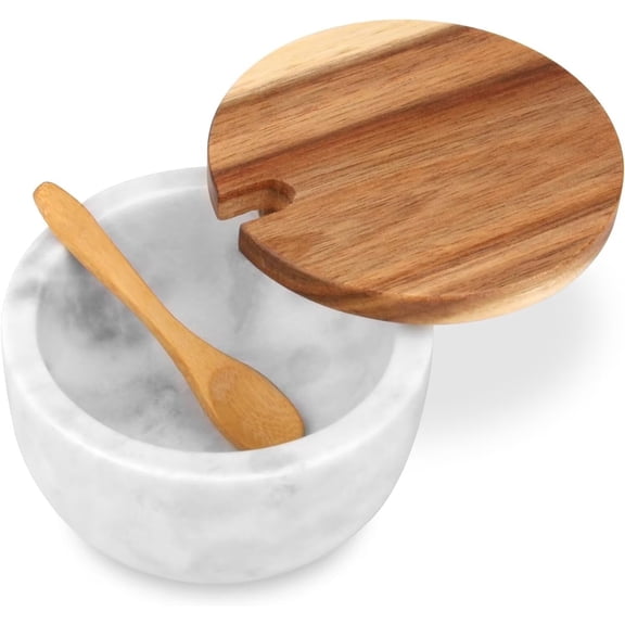 TABHOUKIT Marble Salt Cellar Box with Wood Lid & Spoon, Modern White Stone Salt or Pepper Sugar Spice Seasoning Bowl Container Jar Holder Well Keeper Dish Pig Crock for Kitchen