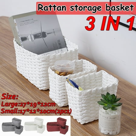 Grey Rattan Laundry Basket Set of 3 Woven Basket Set, Rattan Storage Box Stackable Storage Organizer Bins Drawers for Laundry Toys Snacks ()