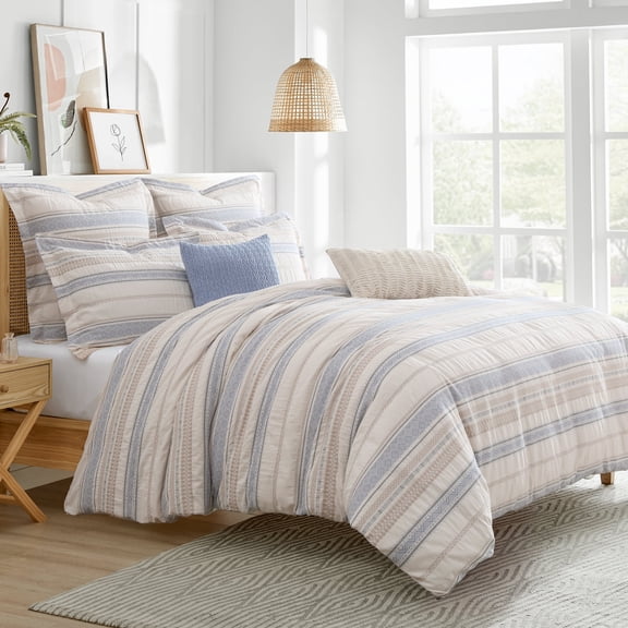Levtex Home Pickford Chambray Duvet Cover Set - King Duvet Cover   Two King Pillow Shams - Jaquard - Chambray, Taupe and Cream - Duvet Cover (106 x 94in.) and Pillow Shams (36 x 20in. ) - Cotton
