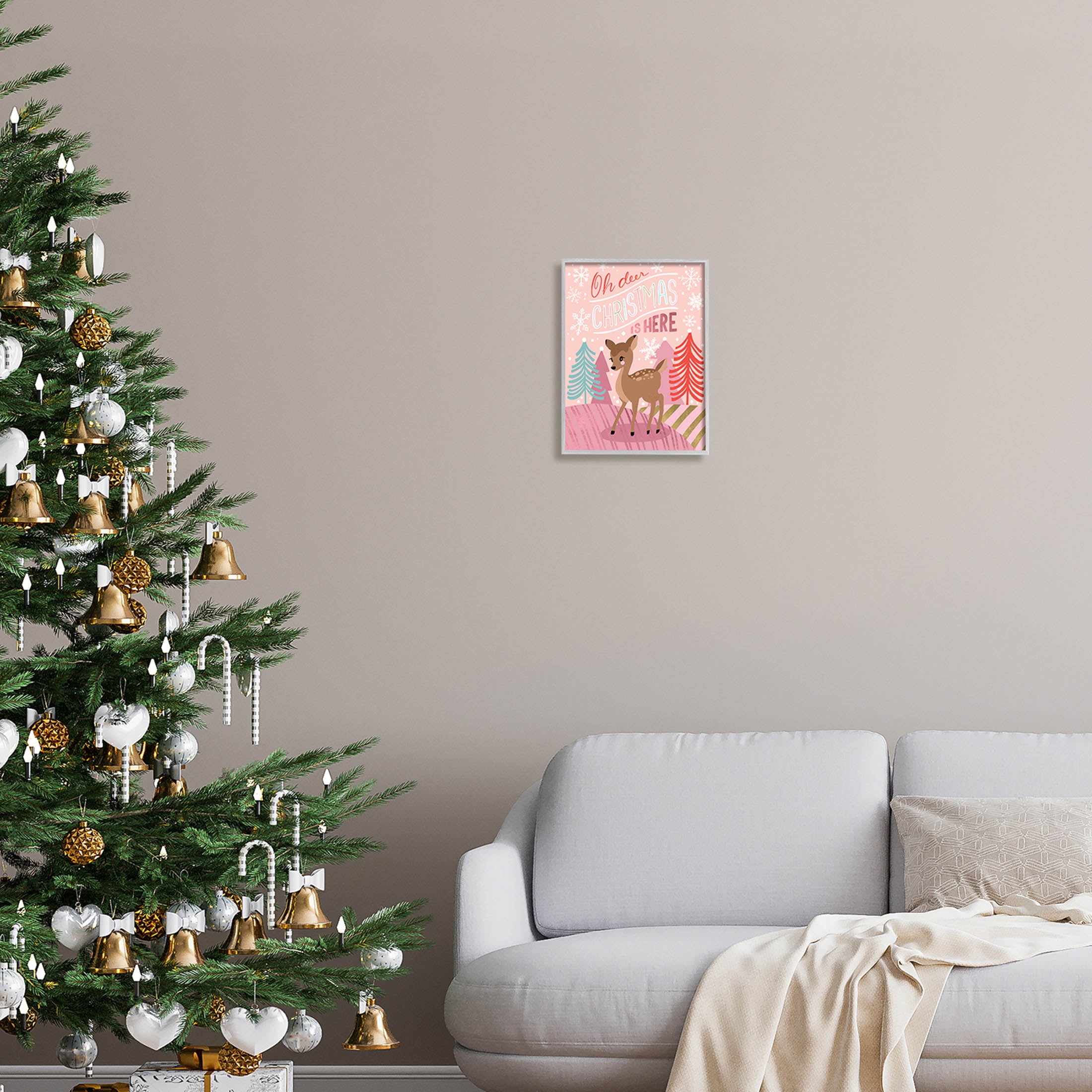 Oh Deer Christmas Is Here Phrase Holiday Graphic Art Gray Framed Art Print Wall Art