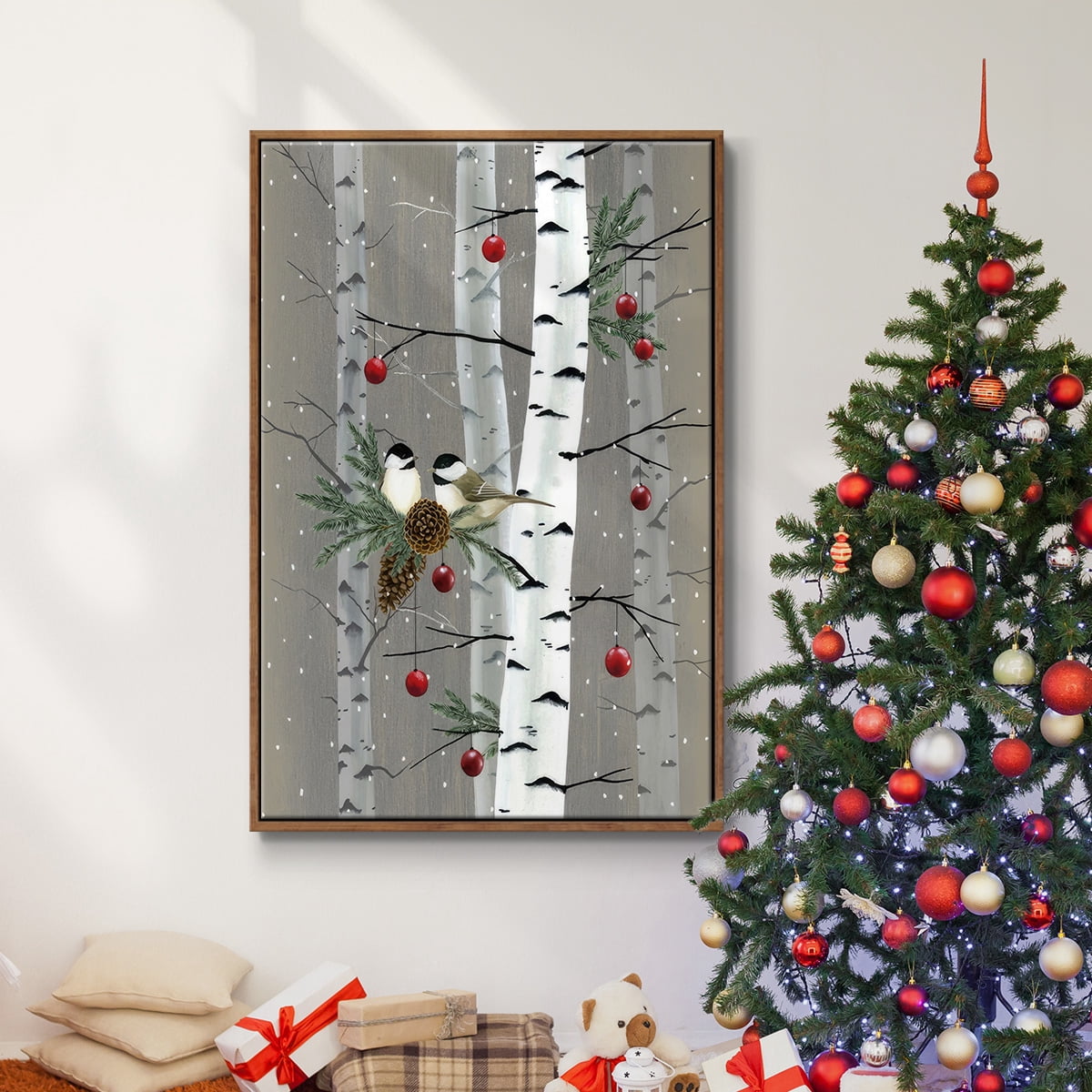 Birch Birds II - Framed Gallery Wrapped Holiday Canvas - 17 x 25 - Rosewood Frame