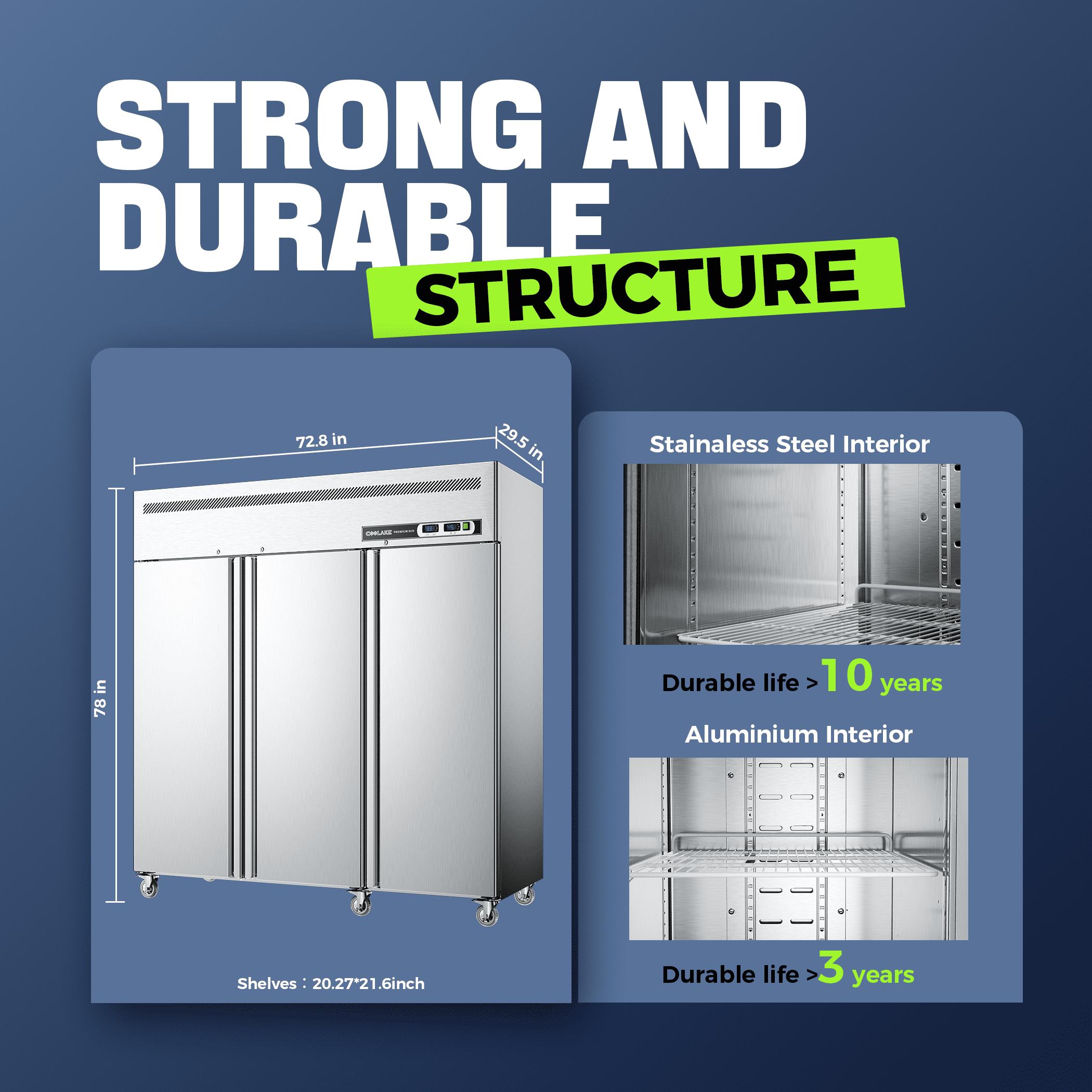 Coolake Commercial Refrigerator and Freezer Combo, 72" W Dual Temperature Zones, 54 Cu.ft 3 Door