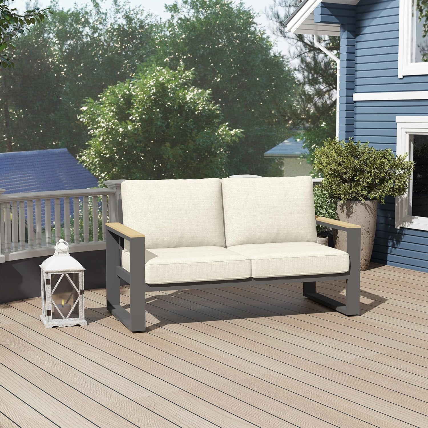 Heynemo Aluminum Outdoor Loveseat, All-Weather Metal Patio Furniture Sofa, Patio Sofa Chair for Porch Backyard Garden, Beige