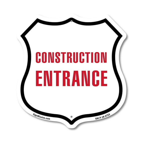 Construction Entrance (2 Pack) 6 inch X 6 inch Shield Shaped Commercial Grade Plastic Signs Weather Resistant Made in the USA