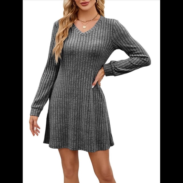 Vestido Tipo Suéter de Punto de Larga para Mujer, Estilo Túnica Informal con Cuello en V, Conjuntos de Moda para Otoño. Gris Oscuro L