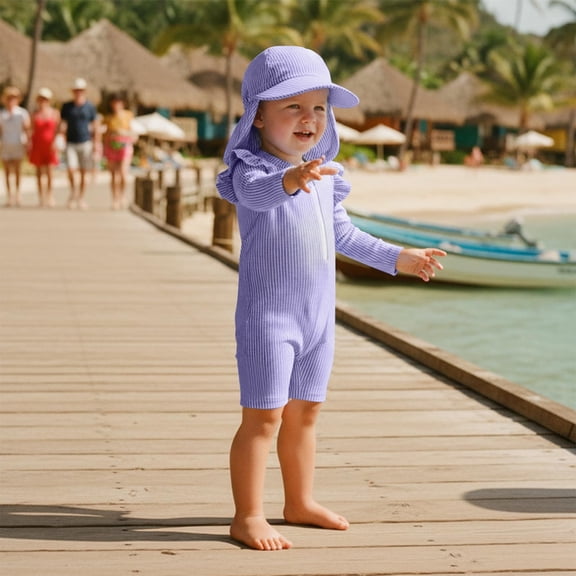 Girls Swimwear for Toddlers and Baby Girls Long Sleeve Zip Up Rashguard Swimsuit with Sun Hat for Summer Outdoor Play, 0-3 Months, Purple