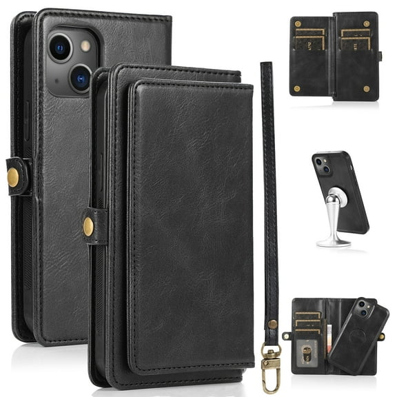 JTCASES for iPhone 14 Plus Wallet Case, Detachable Back Magnetic Closure 2-in-1 Shockproof Purse Cover with Card Slots, Faux PU Leather Flip Stand Wristlet Strap Shockproof Cover, Black