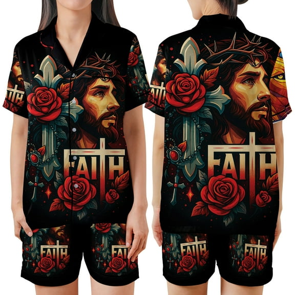 Faith Inspired Floral Pajamas Set, Artistic Rose & Symbolic Graphic Sleepwear, Inspirational Loungewear Gift