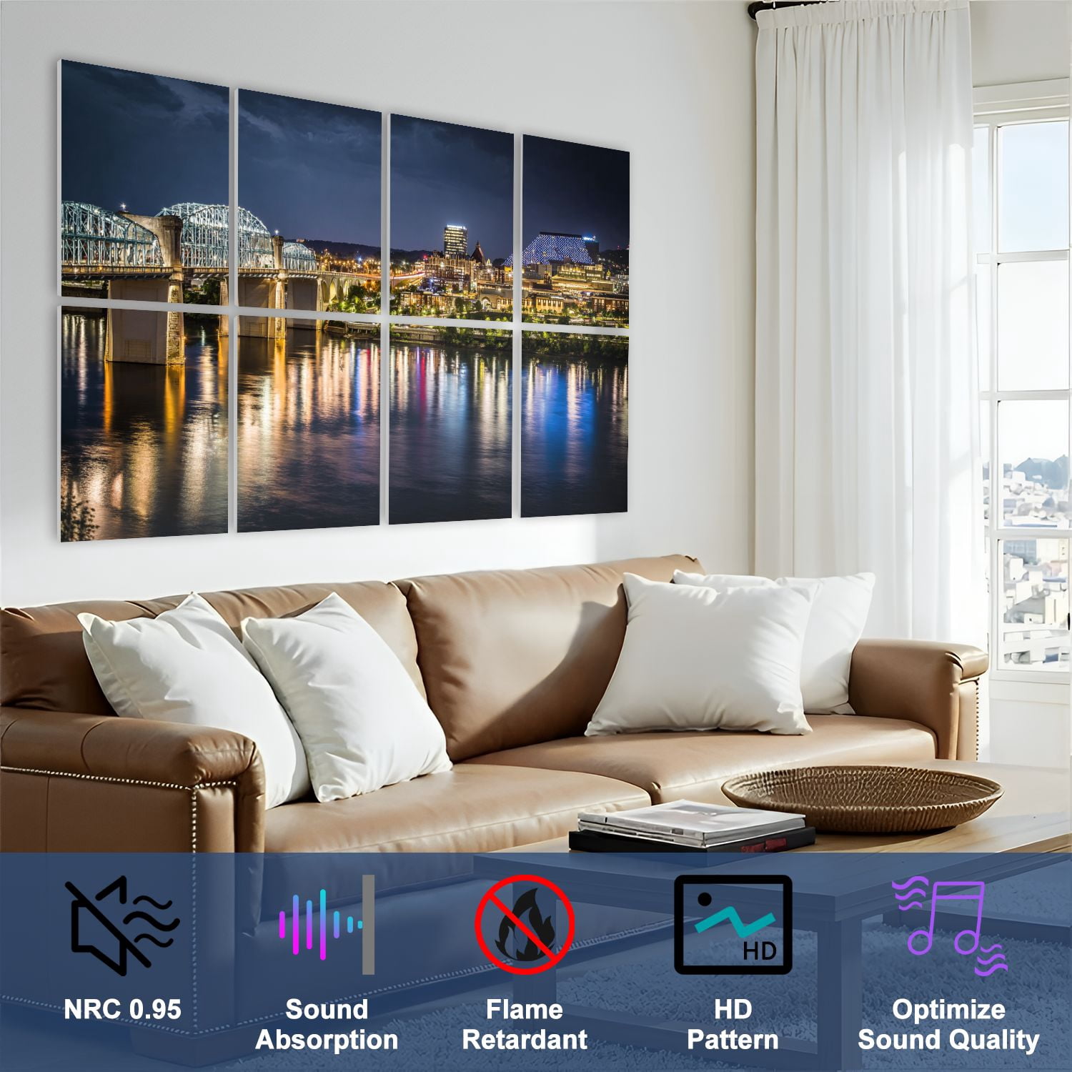 8 Pack Art Acoustic Panels Sound Absorbing Chattanooga Tennessee Decorative Soundproof Wall Panels Self Adhesive for Nursery Game Room Bedroom 48"x32"