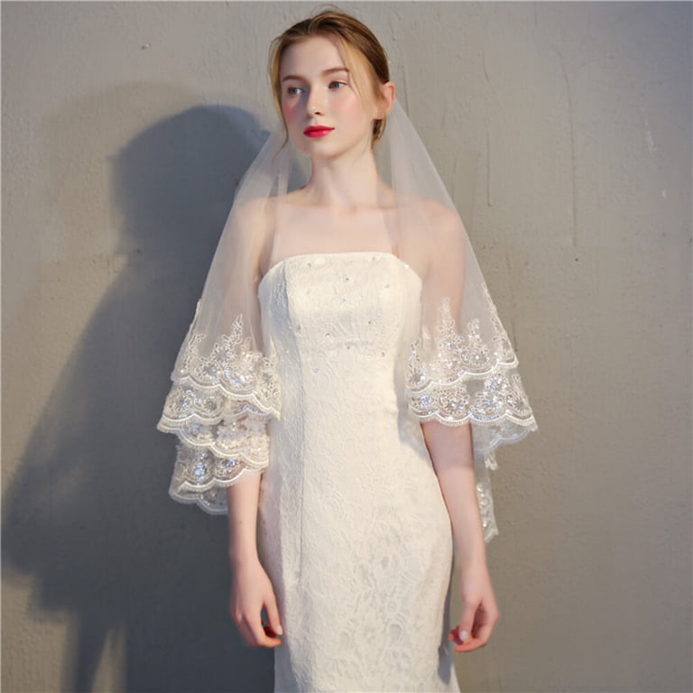 New 2T beautiful veil trimmed in lace and sequins Aularso 2 Tier Lace Wedding Veils for Brides Sparkle Bridal  main image 3