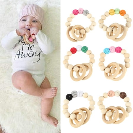 Handmade Natural Wooden Baby Teether Bracelet Crochet Beads Teething Ring Infant Toy Gift, Wooden Baby Teether, Baby Teething