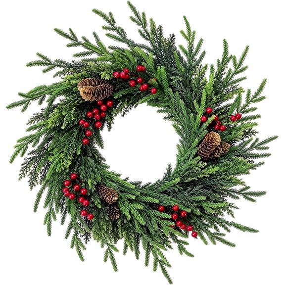 22 Inch Norfolk Pine Wreath for Front Door, Artificial Christmas Wreath & Realistic Pine Cones, Red Berries, Cedar Greenery, Rustic Christmas Farmhouse Indoor Outdoor Porch Home Decor
