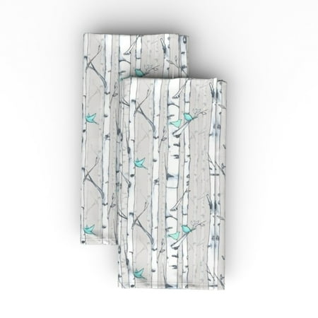 

Cotton Sateen Dinner Napkins (Set of 2) - Birch Birds Trees Nature Watercolor Teal Gray White Classic Forest Print Cloth Dinner Napkins by Spoonflower