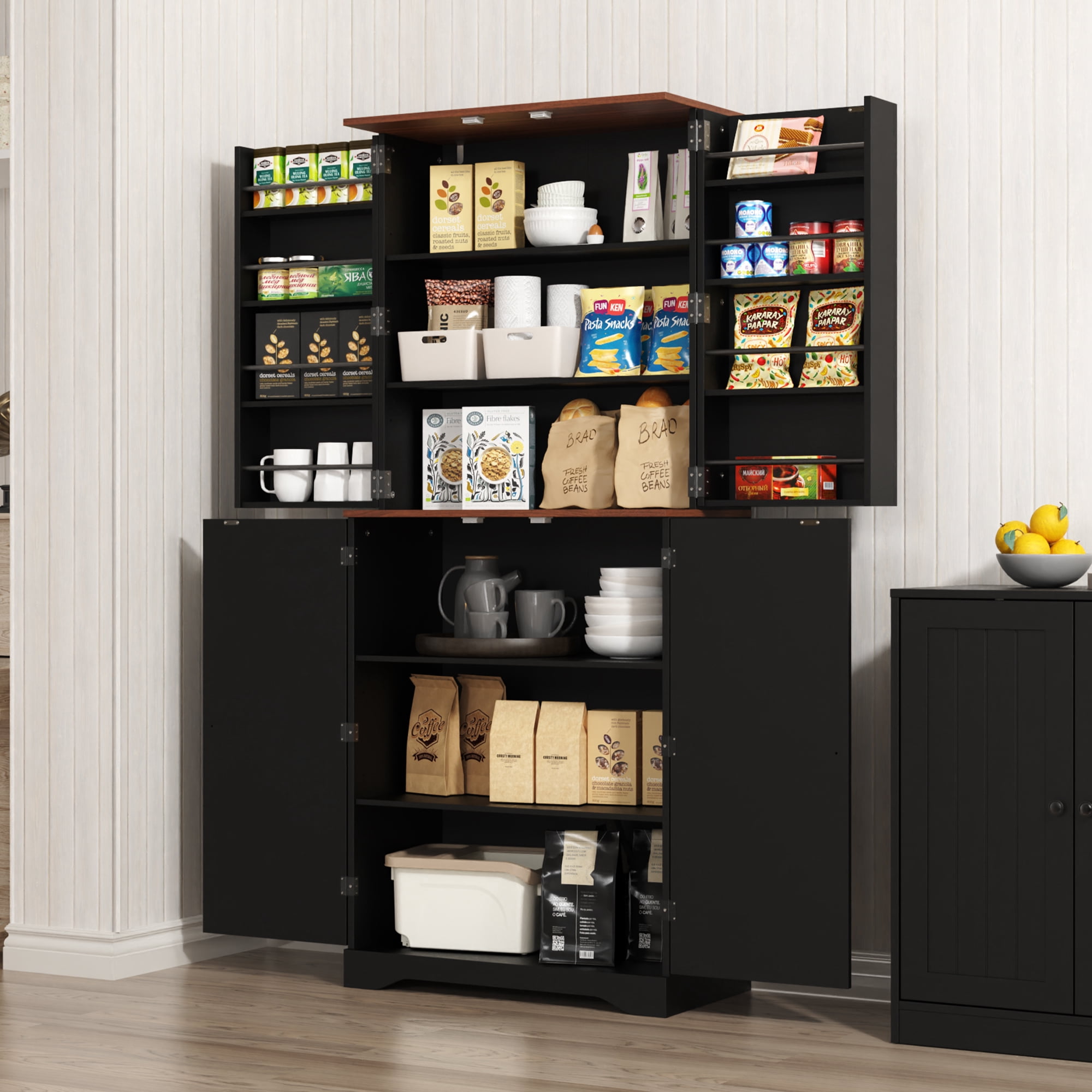 Farmhouse Pantry Storage Cabinet, 72" Tall Kitchen Pantry with Doors Organizer, Freestanding Cupboard with Adjustable Shelves, Rustic Buffet Cabinet for Kitchen, Dining Room, Bathroom, Black