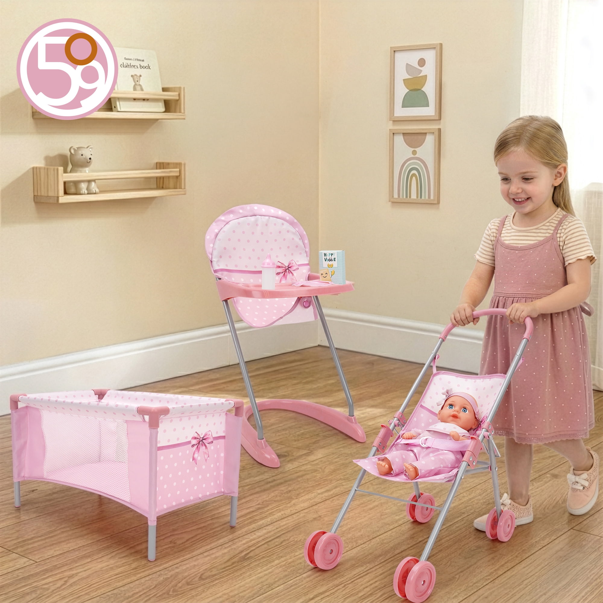 509 Crew: Bow Travel Care n Feed Set & Baby Doll - Pink-White, 9pc On-the-Go Accessories, Highchair-Umbrella Stroller-Play Yard, Roleplay Toy, Kids 3+