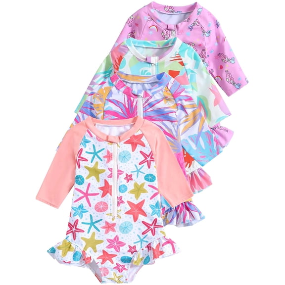 WIBACKER Toddler Baby Girls' One Piece Swimsuit Kids Starfish Long Sleeve Rash Guard Swimwear UPF 50 Sun Protection