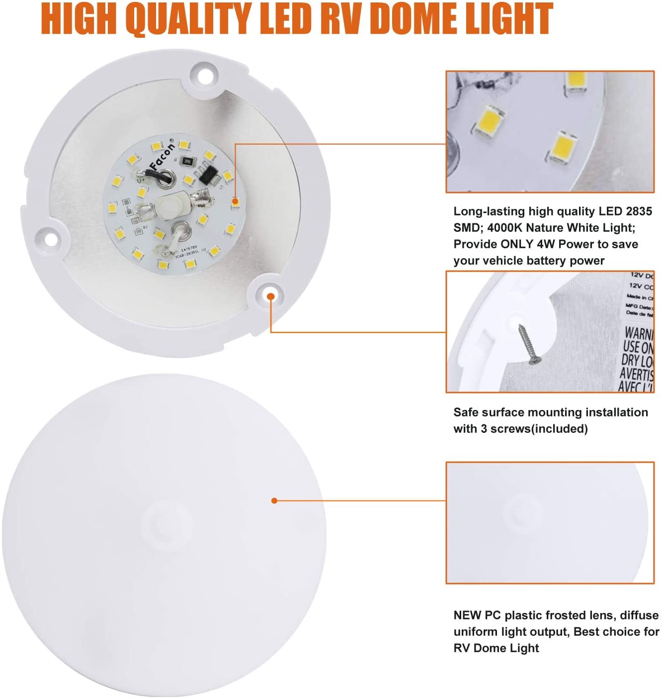 Facon 4-1/2'' LED RV Puck Light Super Slim Under Cabinet Light, 6-Packs Surface Mount Ceiling Dome Light with Push Switch, 12V DC Interior Light for RV Camper Trailer Motorhome, 4000K Cool White Light