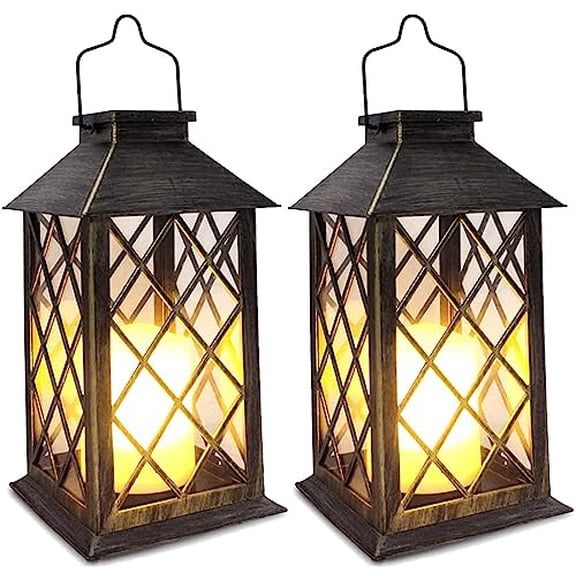 Solar Lantern,Outdoor Garden Hanging Lanterns,2 Pack 14 Inch Lasts 3X Longer 10 lumens Waterproof LED Flickering Flameless Candle Mission Lights for Table,Outdoor,Party Decorative