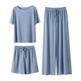 thumbnail image 3 of DuoJiaJ Summer New Ice Silk Pajamas Set Women's Short Sleeved Shorts Wide Leg Pants Solid Color Home Three Piece Set Can Be Worn Loosely Summer Pajamas Women Blue One Size, 3 of 5