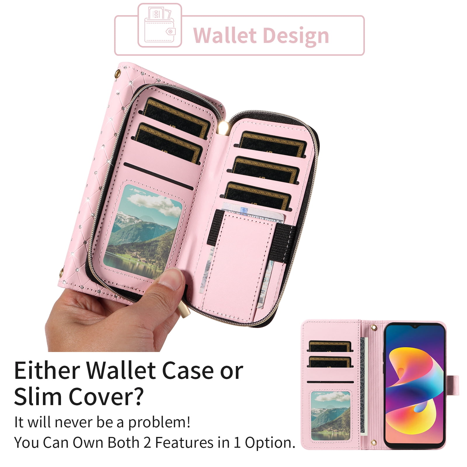 Asuwish Compatible with TCL 50 Le 5G Wallet Phone Case Tempered Glass Screen Protector Bling Glitter Crossbody Lanyard Strap Flip Zipper Purse Card Holder Cell Cover for Tcl 50Le Women Men Pink