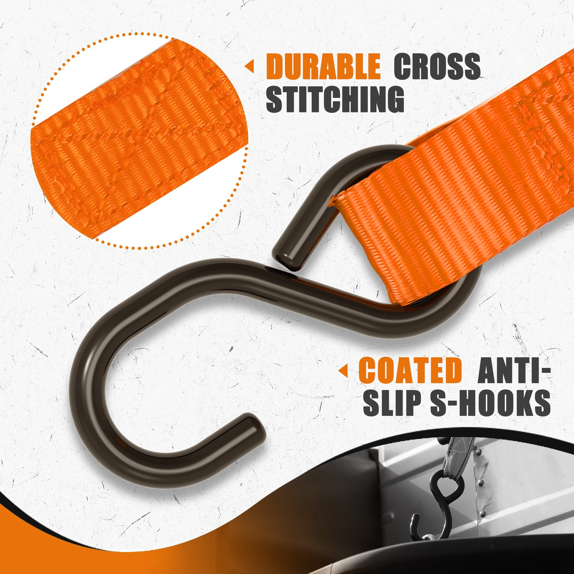 AWELCRAFT 1500 lb Premium 15ft Tie-Down Ratchet Straps with ''S" Hooks, 4-Pack Orange