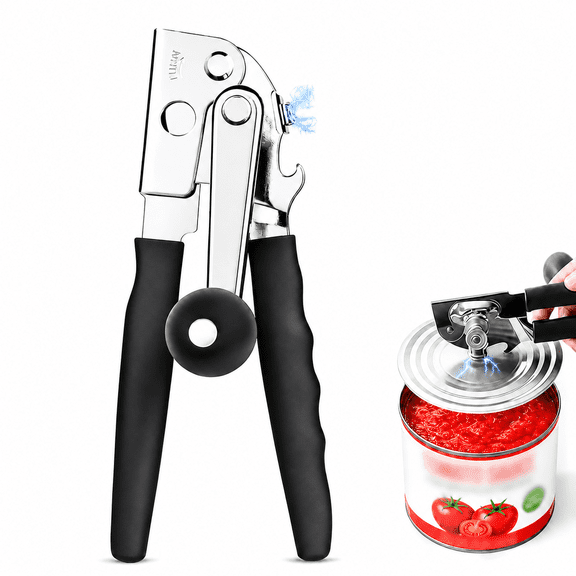 Heavy Duty Manual Can Opener, Stainless Steel Handheld Can Opener with Easy-Turn Knob and Bottle Opener, Smooth Edge Kitchen Can Opener with Comfortable Grip for Large, Round, Oval and Square Cans