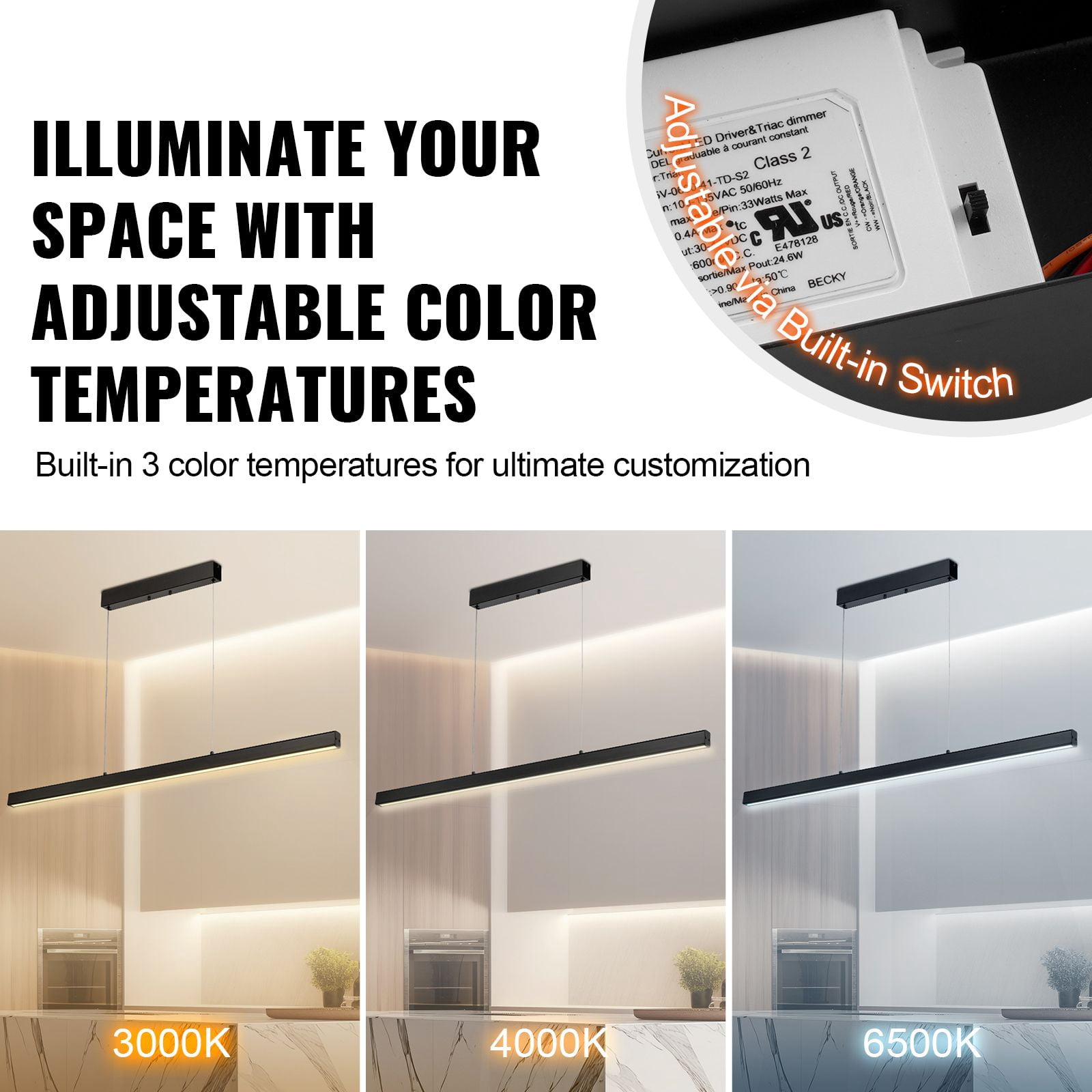 Dimmable LED Linear Pendant Light, 20W, 3 Color Temperatures (3000K/4000K/6500K), Adjustable 59" Ropes, 50,000-Hour Lifespan, for Kitchen Island, Dining Room & Living Room