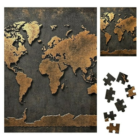 Palnkart World Map Metal Brown Gold Foil Wooden Jigsaw Puzzle Vertical Style Wooden Gift for Family Friends 500PCS