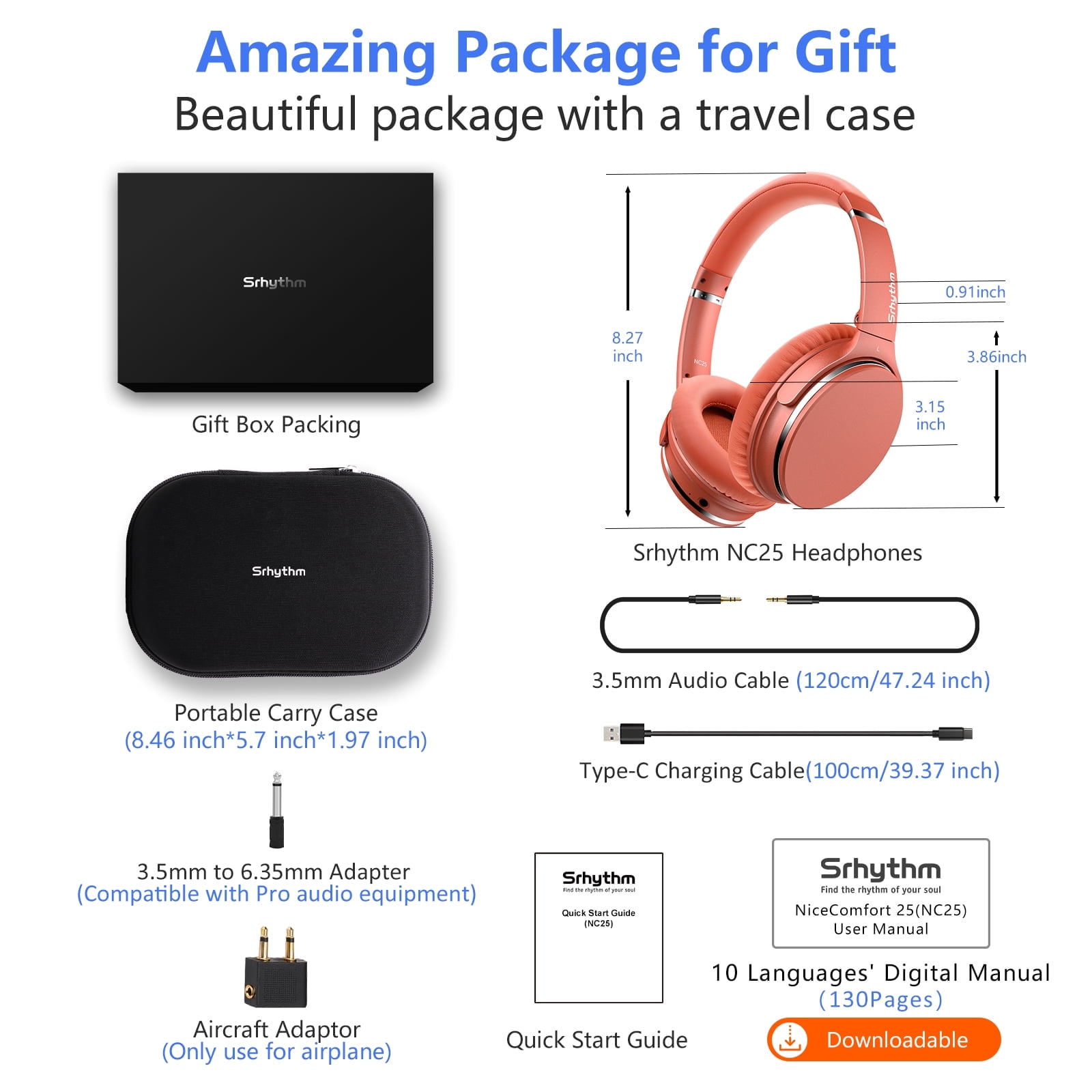 Restored Srhythm NC25 Active Noise Cancelling Headphones Bluetooth 5.3,ANC Stereo Headset over-Ear with Hi-Fi,Mic,50H Playtime,Voice Assistant,Low Latency Game Mode (Refurbished)