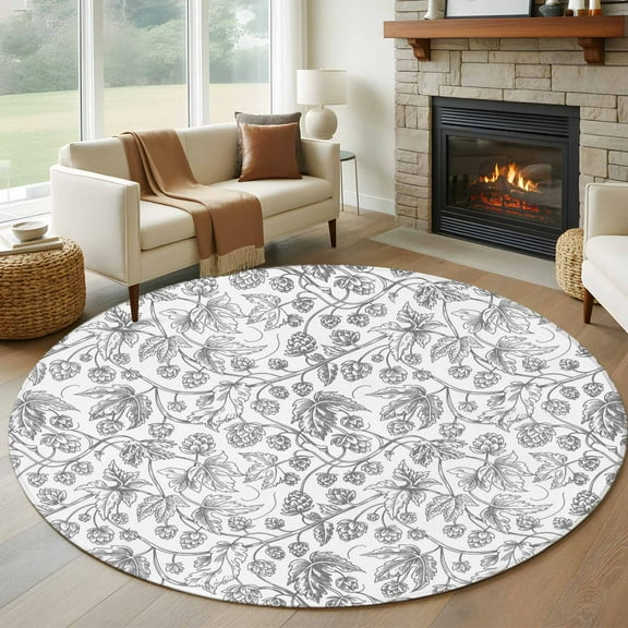 Gray Flowers Round Rug 5ft Washable Circle Kitchen Rugs Non Slip Farmhouse Pastoral Vintage Plants Branches Large Area Rug Indoor Floor Carpet for Bedroom Living Room Home Office Dining Room Nursery
