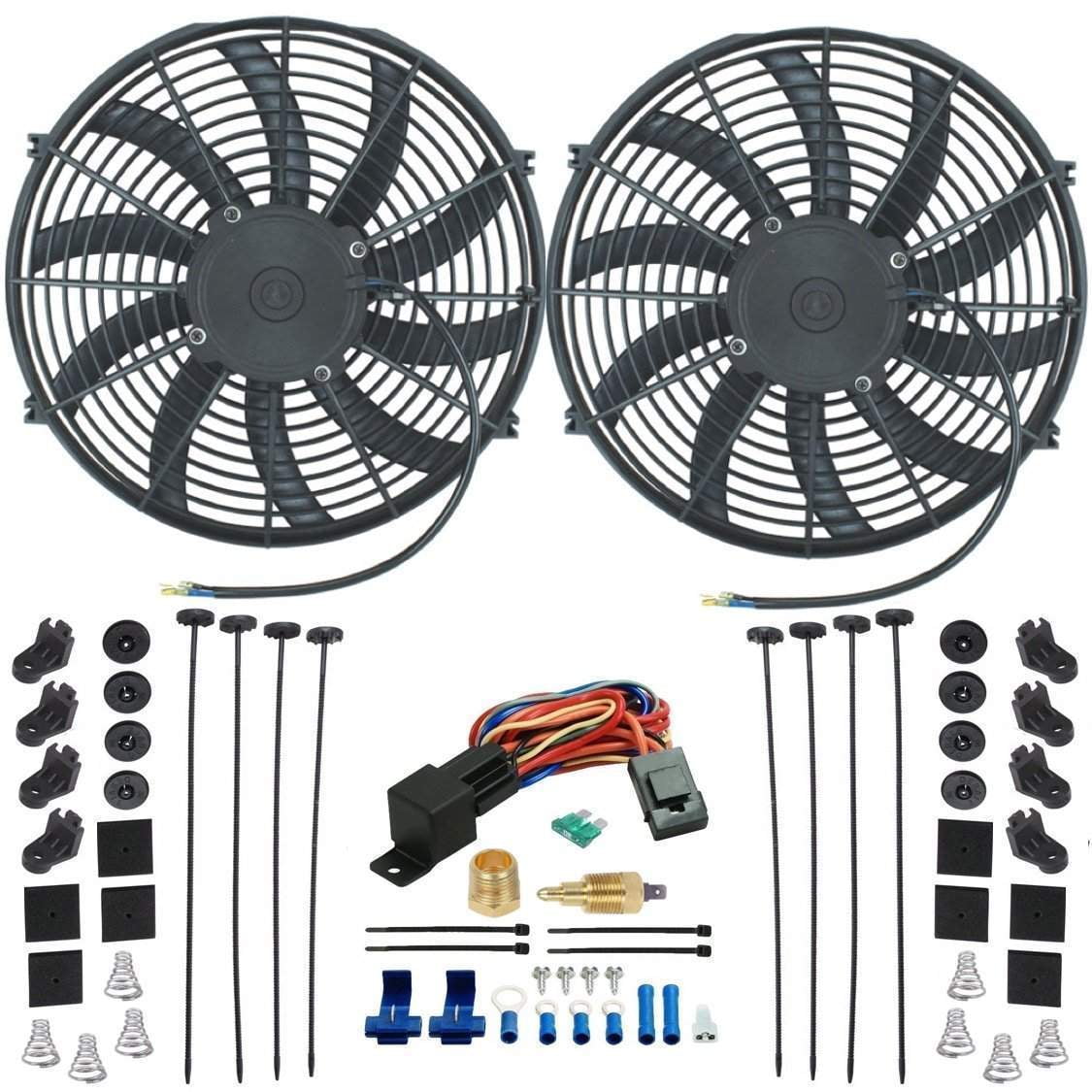 DUAL 14" INCH HIGH CFM PERFORMANCE ELECTRIC FAN & THERMOSTAT SWITCH KIT