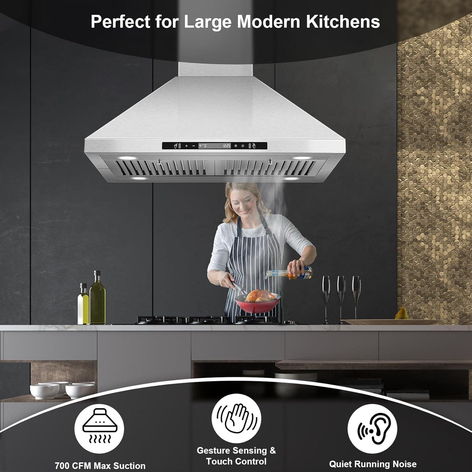 30 inch Island Range Hood 700 CFM Ceiling Mount Kitchen Vent Hood with Gesture/Touch Control, 3-Speed Fan & 4 LED Lights, Convertible Ductless/Duct, Stainless Steel Baffle Filters,Time Setting