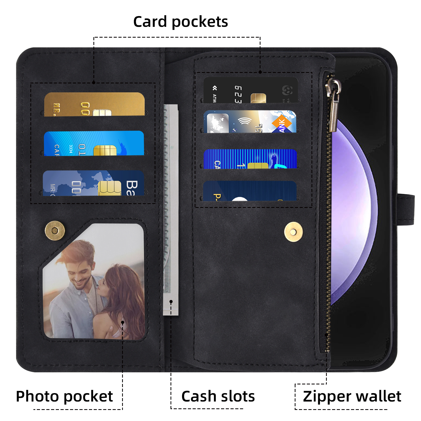 Asuwish Phone Case for Samsung Galaxy S23 FE 5G Wallet Cover With Tempered Glass Screen Protector Crossbody Wrist Strap Flip Pattern Zipper Credit Card Holder Stand Cell S 23 EF S23FE 23S Women Black