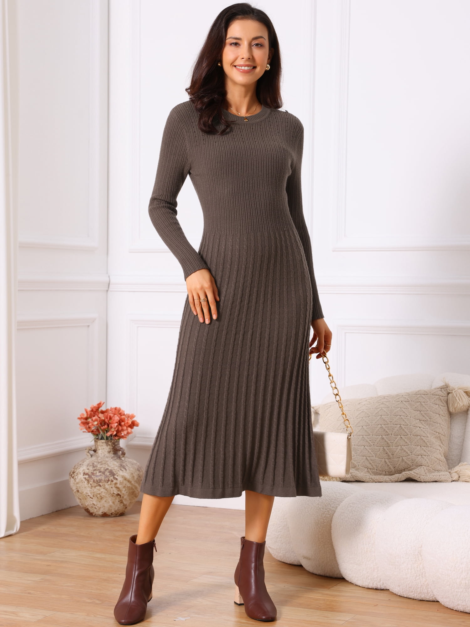 DARING DIVA Women's Long Sleeve Sweater Fall Crewneck Ribbed Knit Dress XL Coffee
