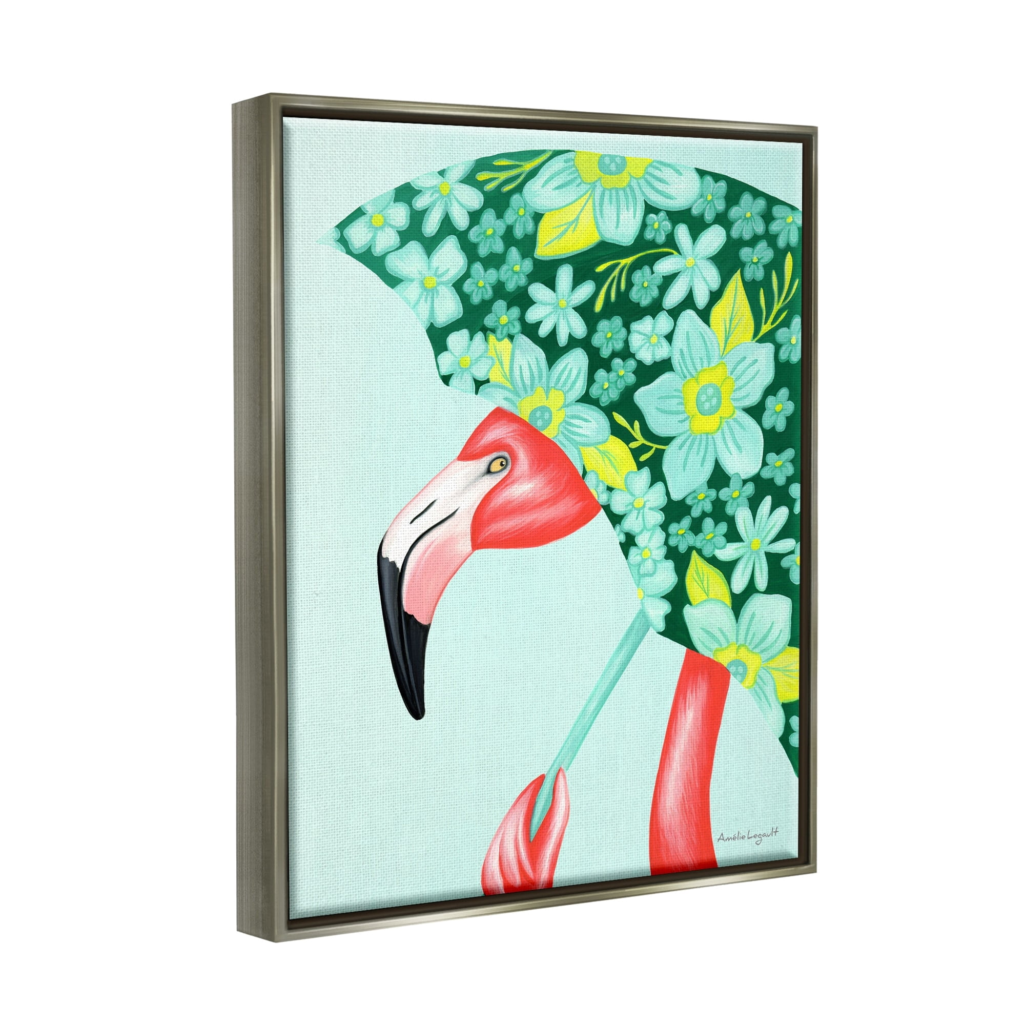 Stupell Industries Summery Pink Flamingo Floral Petal Patterned Umbrella Graphic Art Luster Gray Floating Framed Canvas Print Wall Art, Design by Amelie Legault