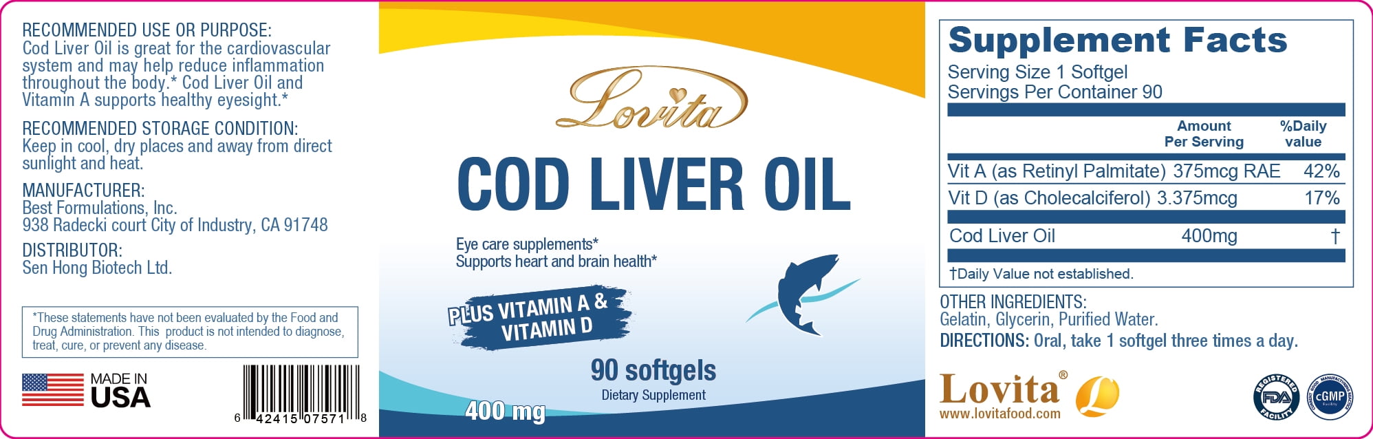 Lovita Natural Norwegian Cod Liver Oil 400mg, High Absorption TG Form, Omega-3 DHA & EPA with Vitamin A & D, Easy-to-Swallow, Non-Fishy, 90 Mini Softgels (Pack of 3)