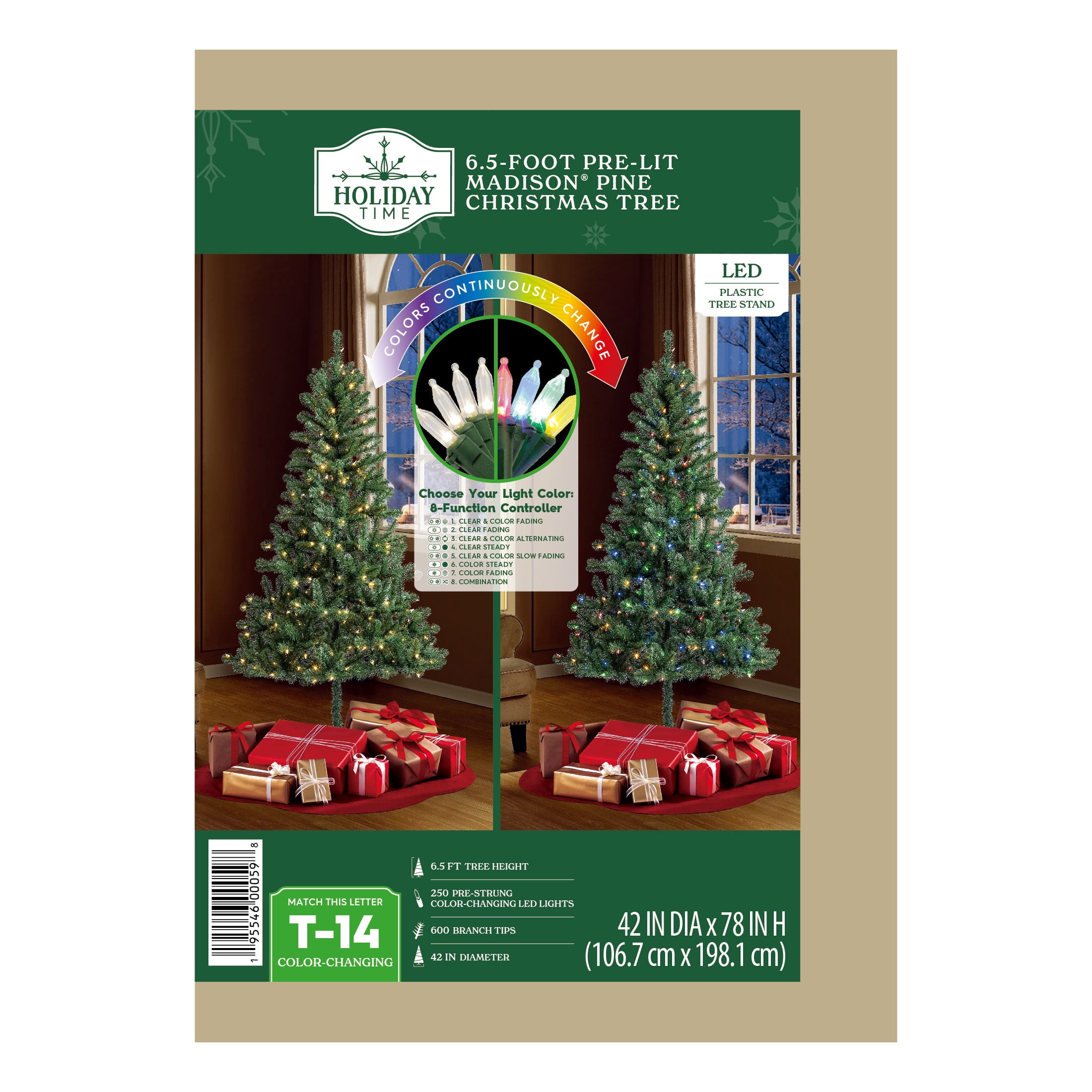 6.5' Pre-Lit Madison Pine Green Artificial Christmas Tree with Color-Changing LED Lights, by Holiday Time