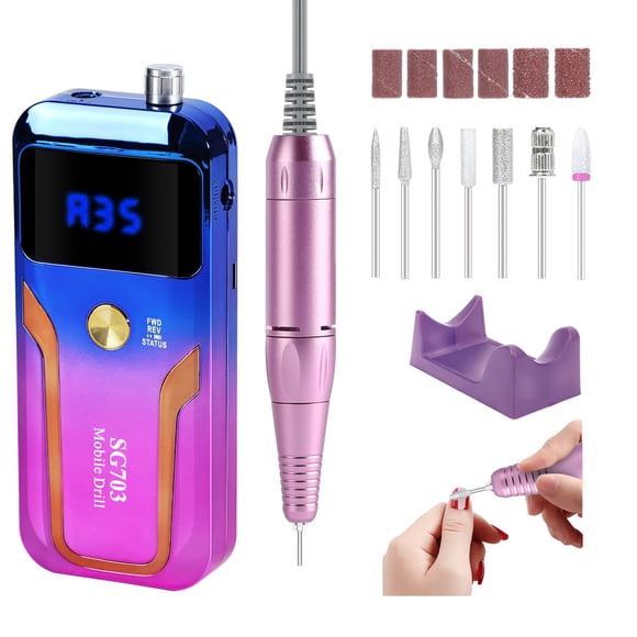 Taladro de uñas MOCOWIND portátil de 35000 RPM, recargable, azul/morado